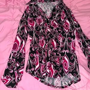 Elegant Black and Pink Swirl Women's Button Up Top w Collar Y2K print